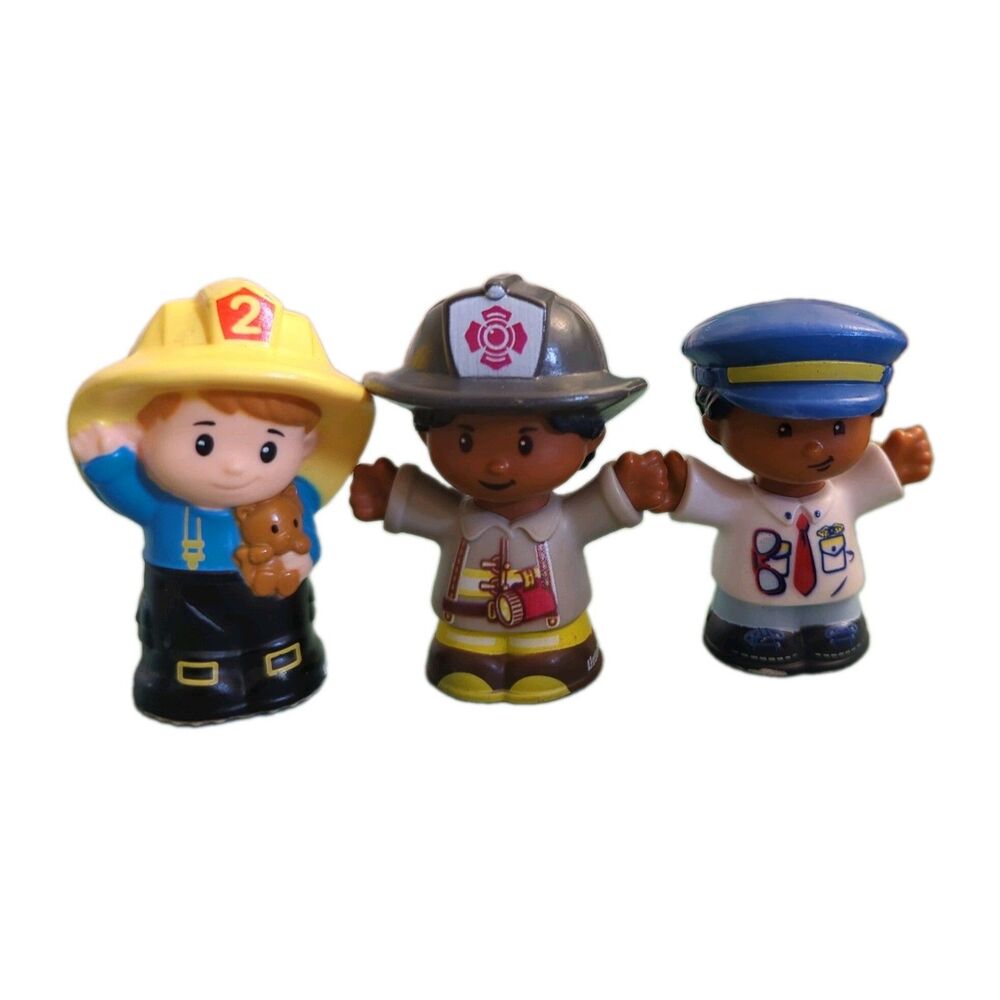 Fisher-Price Little People Figure Lot 3 Firefighter, Police Officer, Kid w/ Bear